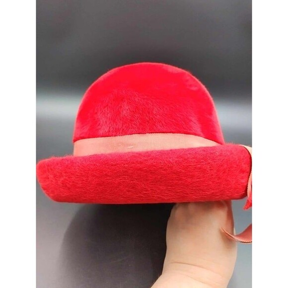 VTG Martelle West Germany Womens Hat Red Felt Fur Fuzzy Rolled Brim - Picture 5 of 11